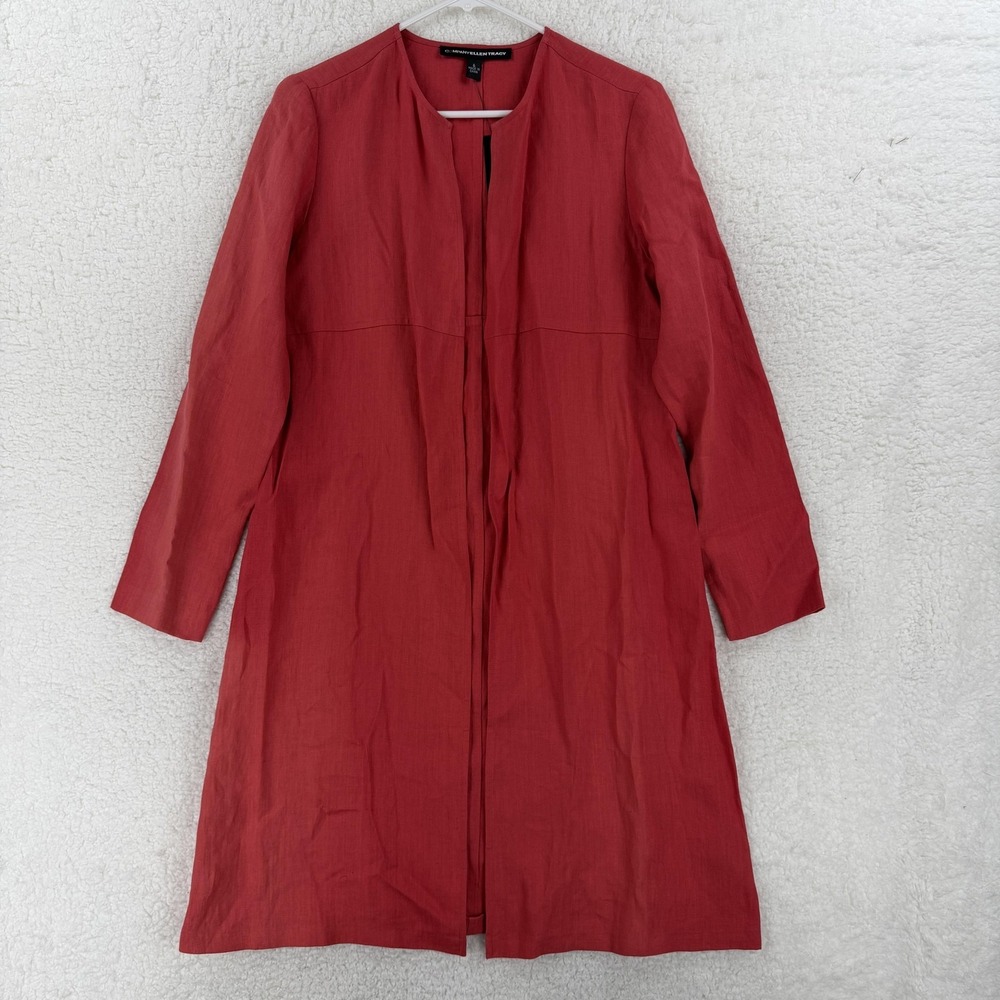 Ellen Tracy Coat Womens 6 Red Linen Collarless Open Front Overcoat Lightweight
